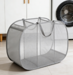 Mesh pop-out three-section laundry basket for categorized clothing storage, folds horizontally for use in the laundry room.