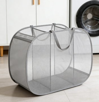 Mesh pop-out three-section laundry basket for categorized clothing storage, folds horizontally for use in the laundry room.