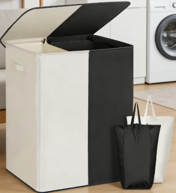 Double-layer laundry basket with lid, extra-large 154L capacity, with removable laundry bag and compartments.