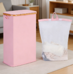 Slim foldable laundry basket with lid, bamboo handles and removable inner bag, suitable for dormitory and bedroom use.