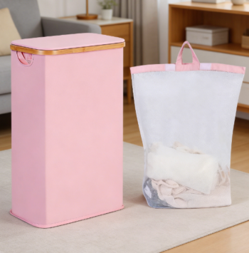 Slim foldable laundry basket with lid, bamboo handles and removable inner bag, suitable for dormitory and bedroom use.