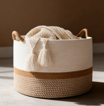 Cotton rope woven blanket basket, suitable for organizing clothes and toys in a nursery or living room.