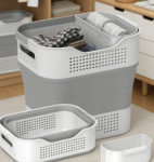 35L Collapsible Plastic Laundry Basket, Portable Clothes Storage Basket with Handle and Hanging Basket