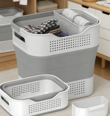35L Collapsible Plastic Laundry Basket, Portable Clothes Storage Basket with Handle and Hanging Basket
