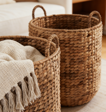 Round rattan laundry basket with inner lining and handle, large size, suitable for clothing organization.