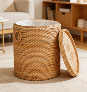 Round rattan laundry basket with lid, 110L capacity, with removable inner bag and mesh bag.