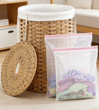 Willow laundry basket with lid, 90L capacity, with removable inner lining, suitable for bedroom and laundry room use.