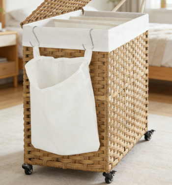 Woven oval laundry basket with handle, suitable for clothing and bedding storage.
