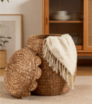 Fan-shaped woven storage basket with lid, multi-purpose home decoration and storage
