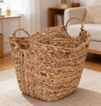 Tall water hyacinth woven storage basket with handle, suitable for various household storage scenarios