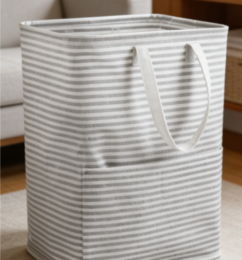 Durable Collapsible Laundry Basket with Side Storage Bag and Handle, can be stored independently.