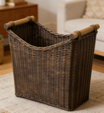 Narrow wicker storage basket, large size, suitable for magazine or small item storage, vintage walnut brown