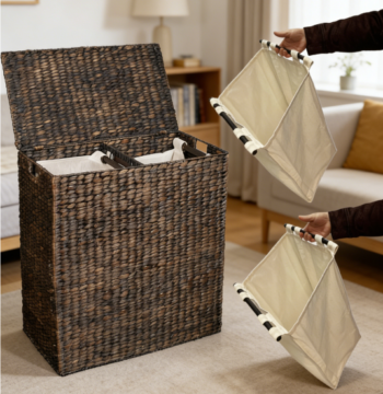 Water hyacinth woven laundry basket with divider lining, includes removable cotton inner bag and lid
